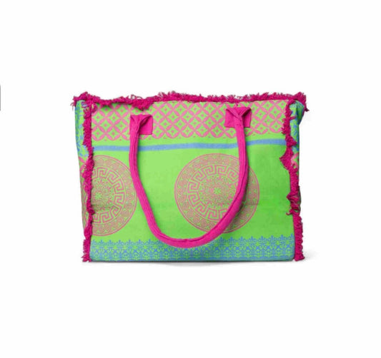 BORSA MARE IN COTONE CON STAMPA VERDE E FUCSIA