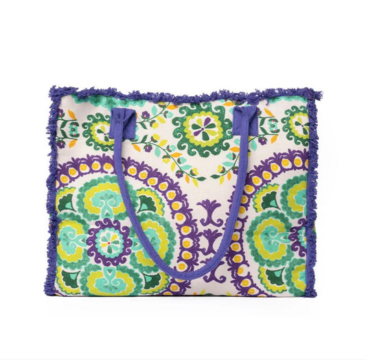 BORSA MARE IN COTONE CON STAMPA A FIORI VIOLA E VERDE