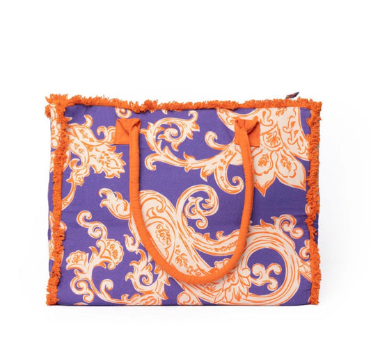 BORSA MARE IN COTONE CON STAMPA VIOLA E ARANCIO