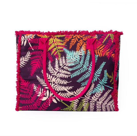 BORSA MARE IN COTONE CON STAMPA A FOGLIE MULTICOLORE