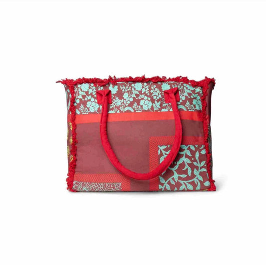 BORSA MARE IN COTONE CON STAMPA ASTRATTA A FIORI ROSSA E CELESTE
