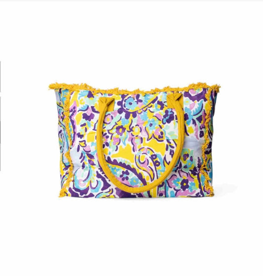 BORSA MARE IN COTONE CON STAMPA FLOREALE VIOLA E GIALLA
