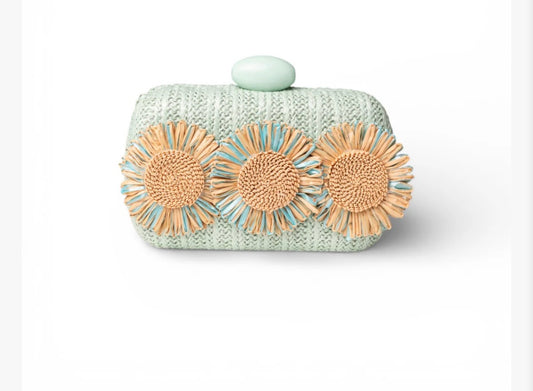 BORSA CLUTCH VERDE ACQUA CON TRE FIORI A RILIEVO