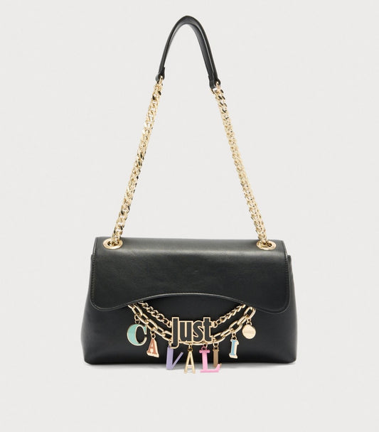 BORSA A TRACOLLA NERA CON CHARM LETTERING