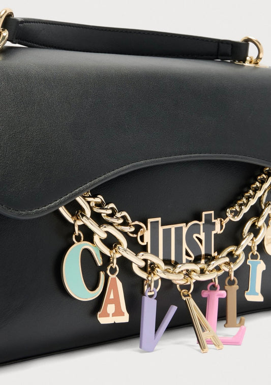 BORSA A TRACOLLA NERA CON CHARM LETTERING